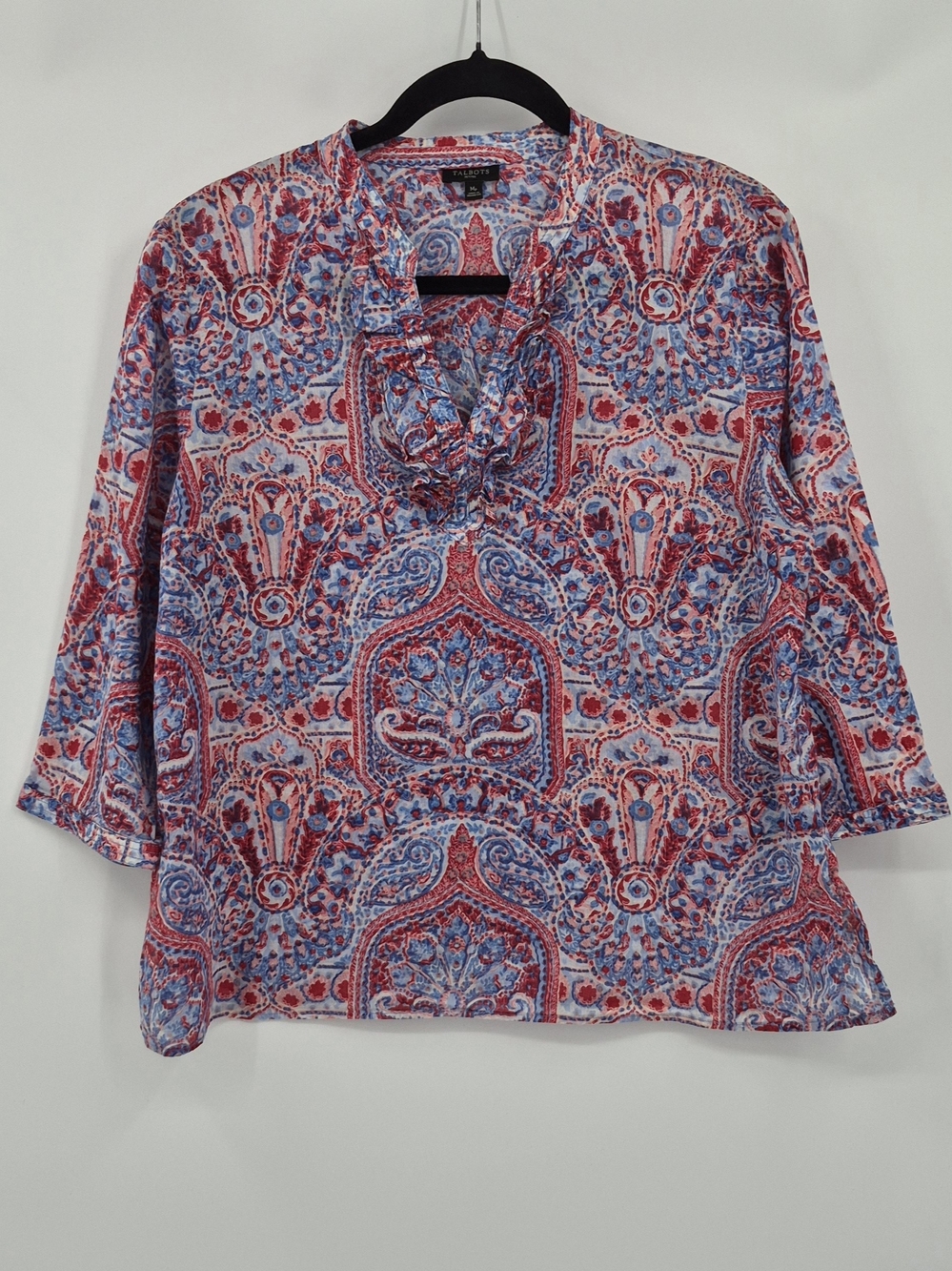 Talbots Womens Red Blue Paisley Ruffle Split Neck Cotton Blouse Top Med Petite